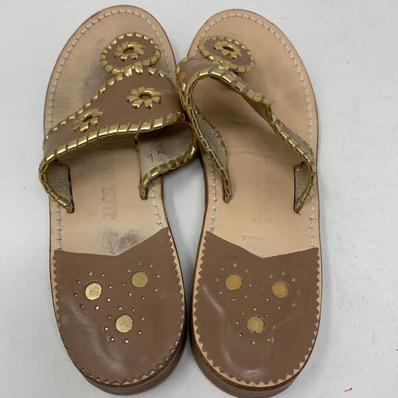 Jack Rogers Women's Size 7 Leather Pebbled Flat Sandal Open Toe Brown Gold - Picture 4 of 8